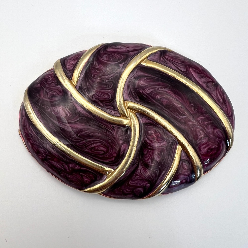 Vintage Day-Lor Purple Marbled Enamel Gold Tone Oval Scarf‎ Clip Pinwheel Swirl